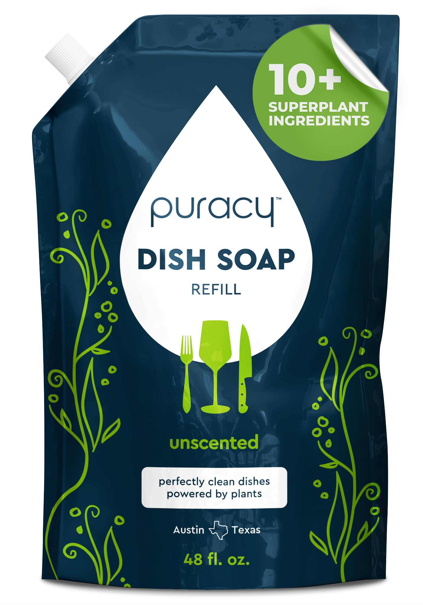 Puracy Natural Dish Soap Refill - Skin-Softening Plant-Based Liquid Dishwashing Detergent Soap, Clean-Rinsing Water-Sheeting Formula (Free &amp; Clear, 48 fl oz)