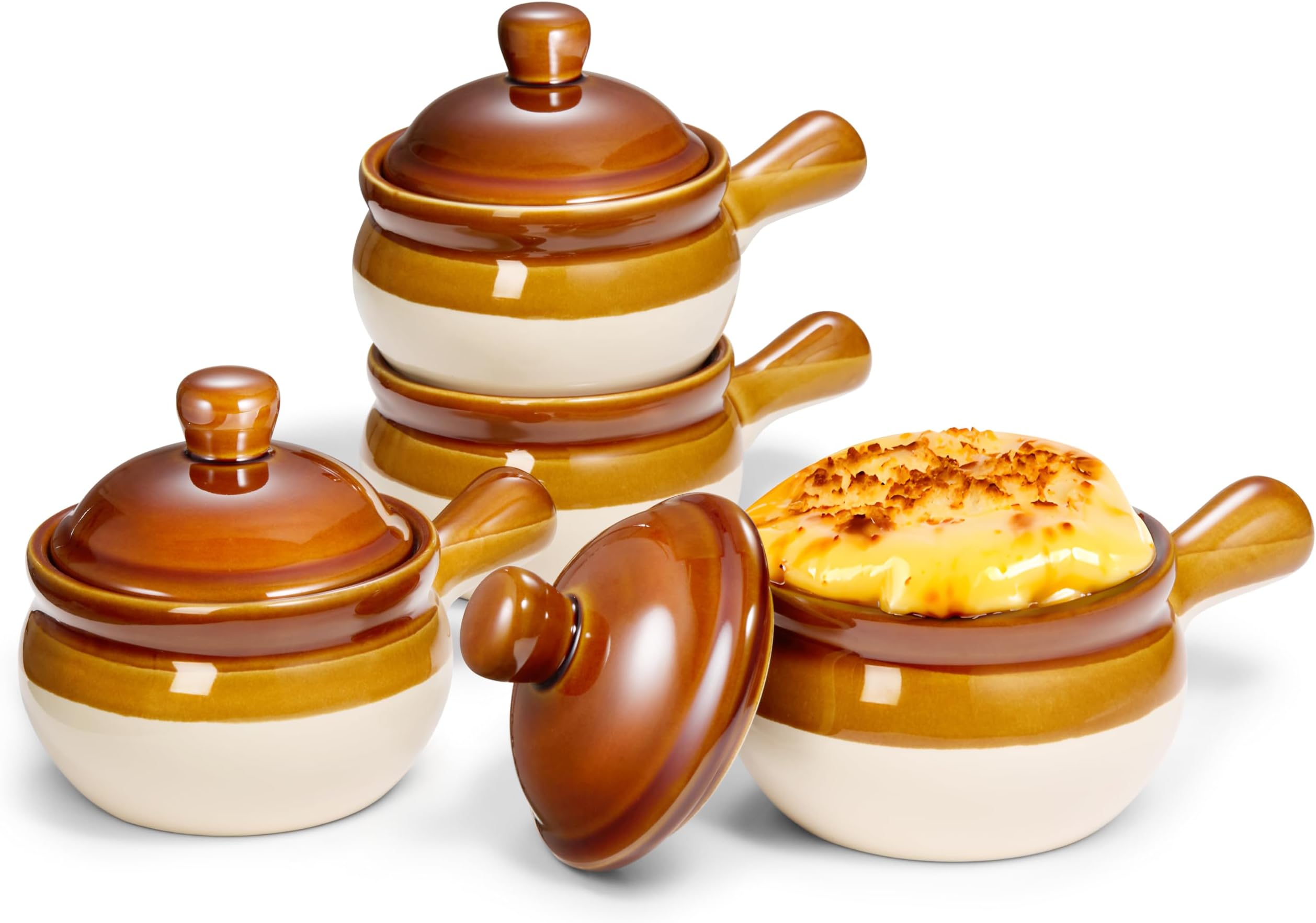 French Onion Soup Crocks, Ceramic Bowls with Lids, Large Handles, Oven & Microwave Safe, Brown/White, Set of 4, 15 oz