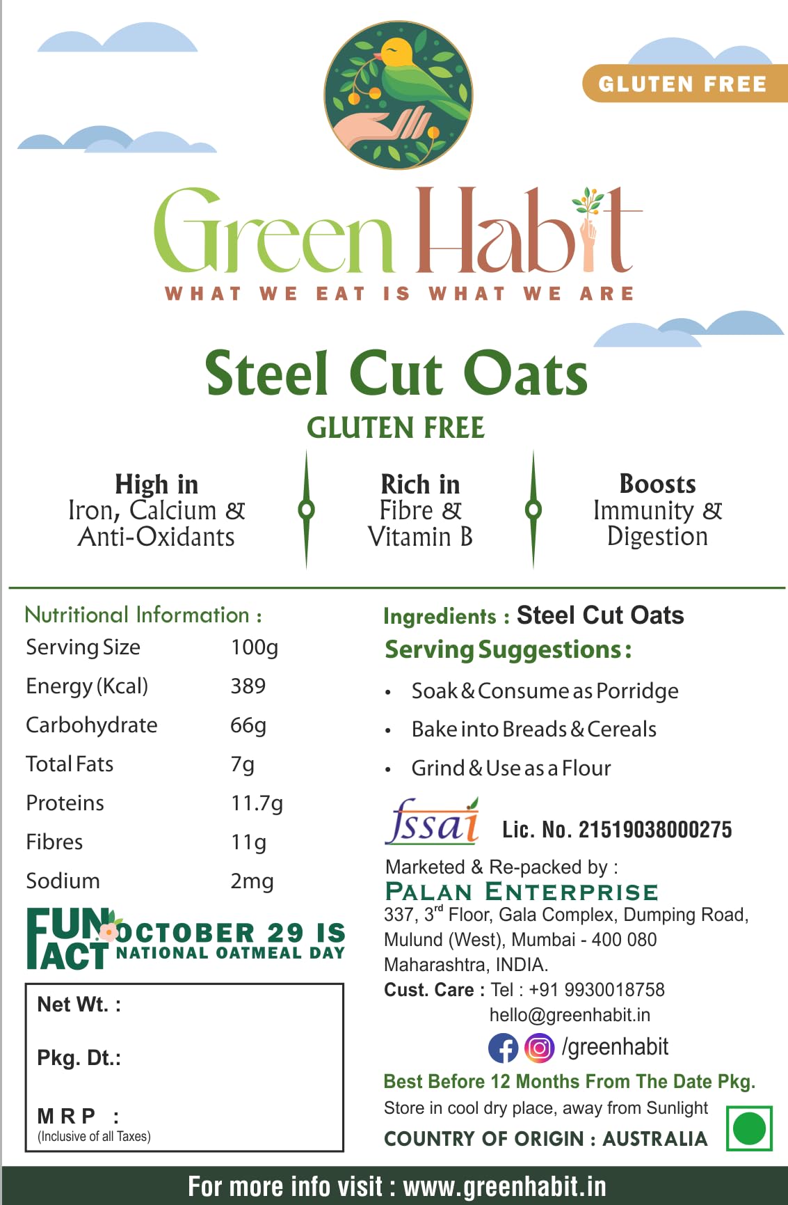 GreenHabit Healthy & Nutritious Gluten Free Steel-Cut Oats (1.4 Kg pack) 1