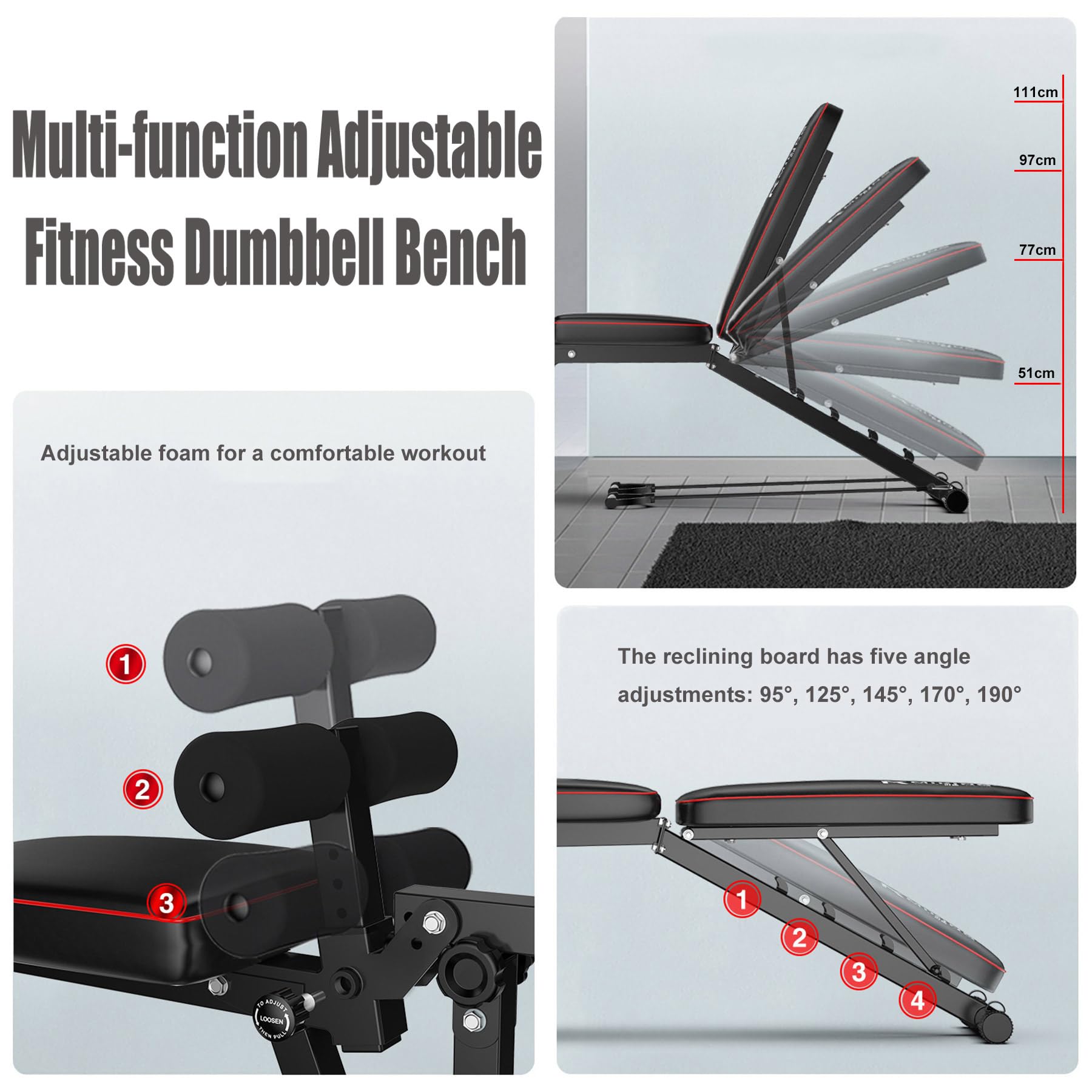 Banco De Musculación Plegable, Banco De Pesas Musculacion para Gimnasio En Casa - Ajustable En 5 Posiciones (Plano/Inclinado/Declinado), Banco Reclinable Gimnasio con Curl De Piernas