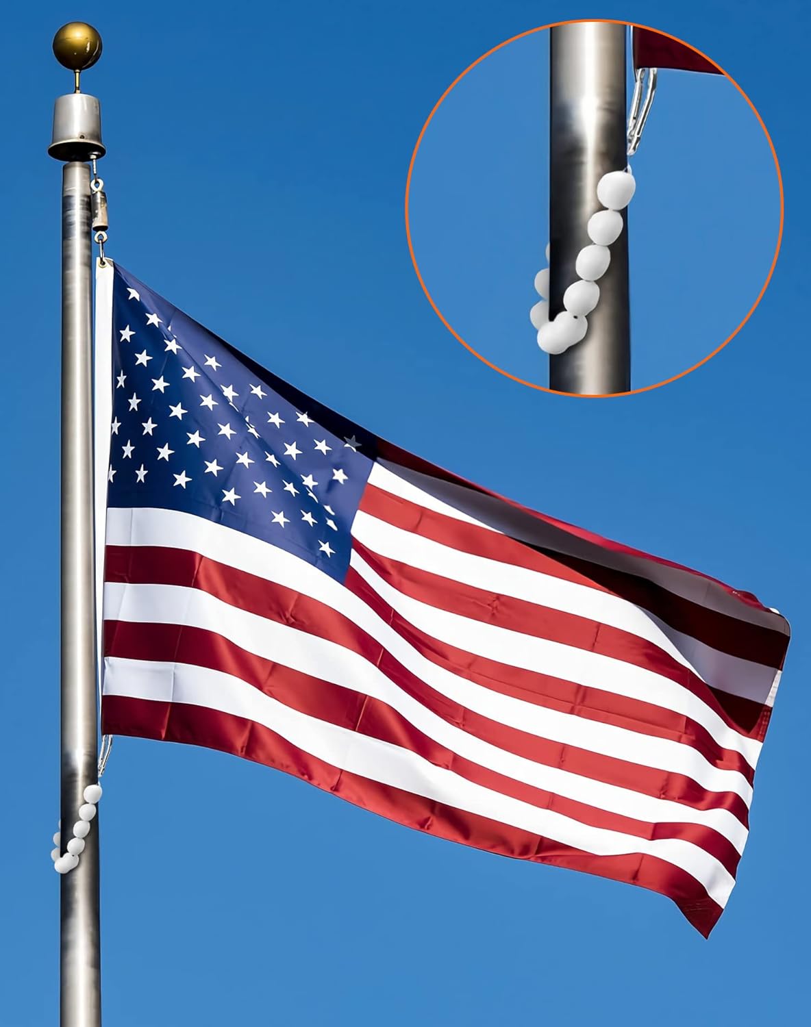 QWORK Flagpole Retainer Ring, Keep Flag Close to Pole, 2 Pack Beaded Ring for Internal Halyard System, Stainless Steel Cable, Flag Pole Rings for 2 to 3 Inch Dia Pole, (White)