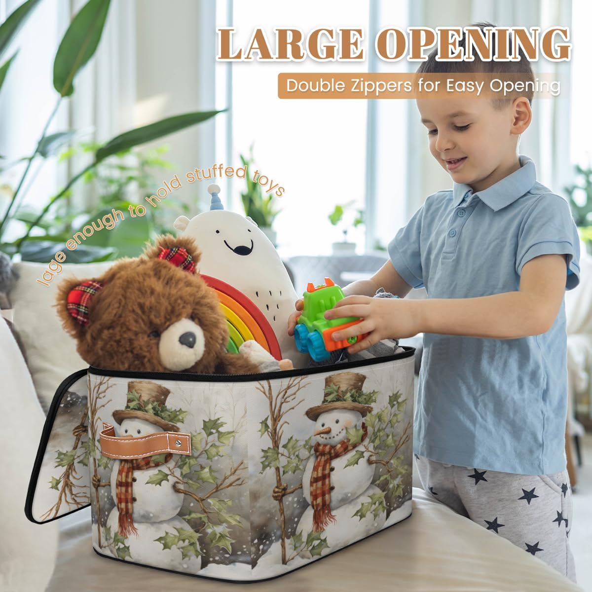 Storage Bin Set of 2 Funny Snowman Storage Basket with Zipper Lid & Handle Foldable Closet Shelf 2 Pack Cloth Organizer Basket Cube Bins Clothes Organizer for Bedroom, Nursery
