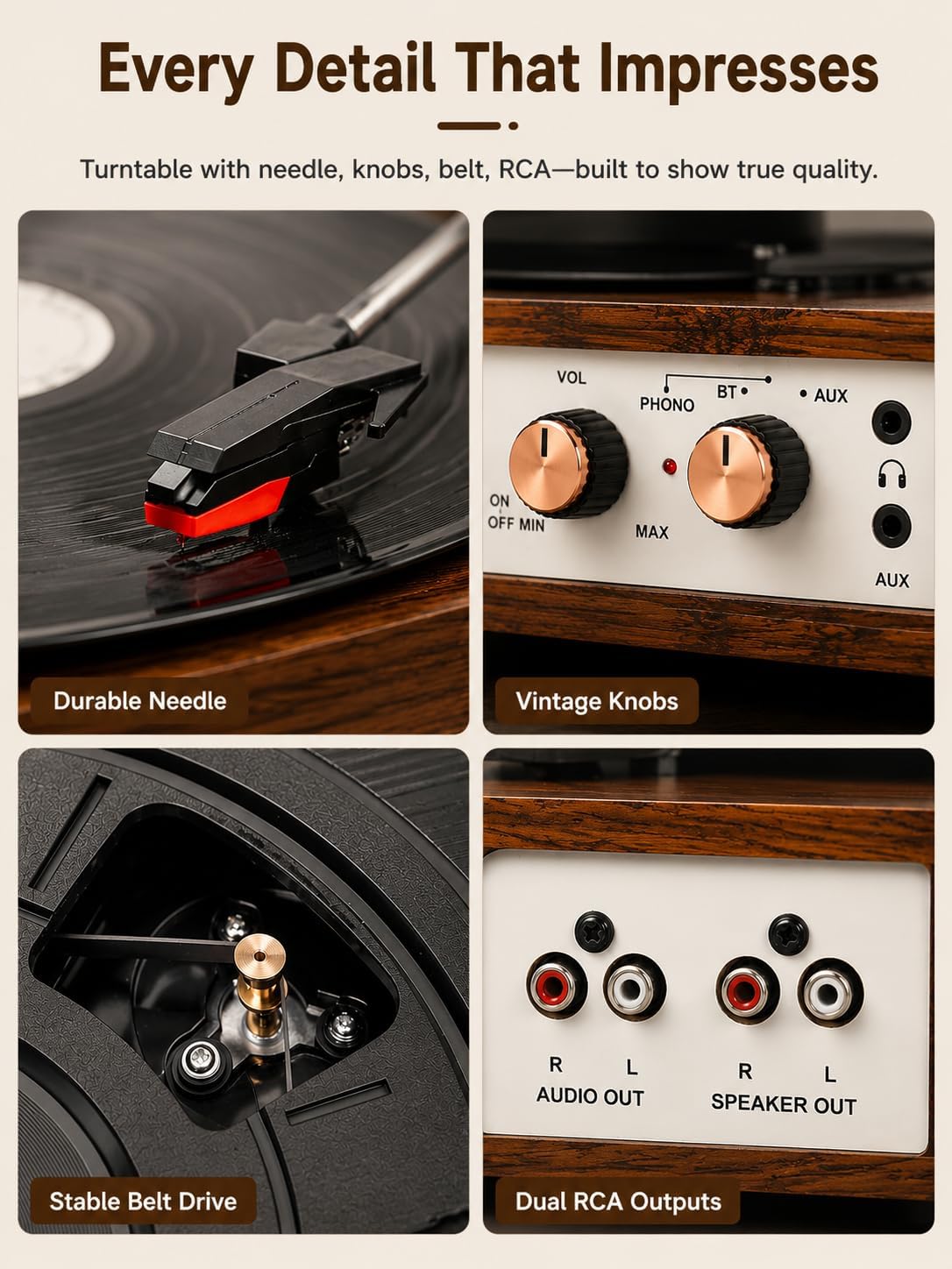 Vintage Turntable with Speakers, 3-Speed Bluetooth Vinyl Record Player with 2 External Speakers, Vinyl to PC Recording, RCA Output, AUX in, Headphone Jack, Walnut