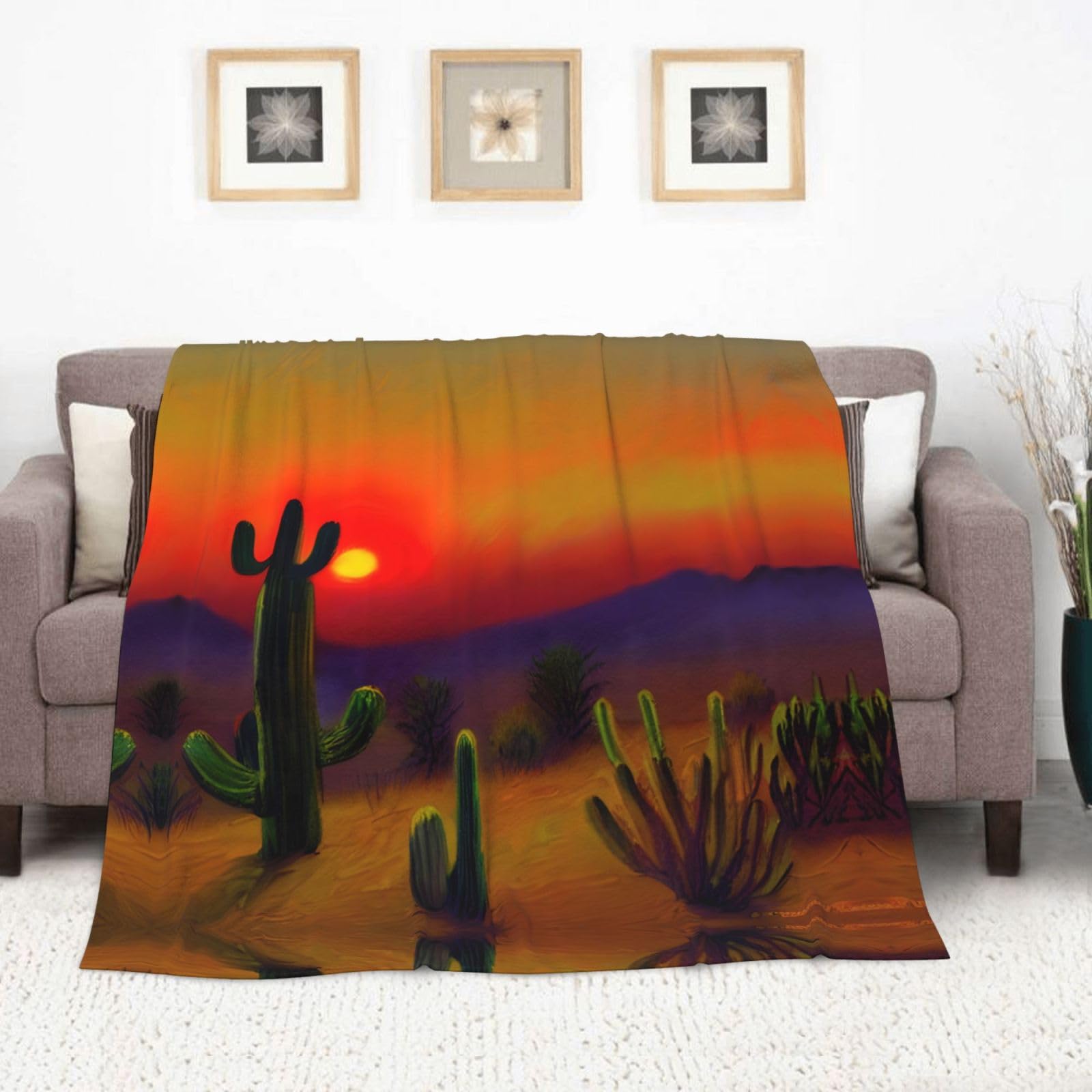 Couverture en flanelle avec imprimé cactus dans le désert - 177,8 x 203,2 cm - Confortable et chaude - Pour l'hiver - Pour camping ou voyage