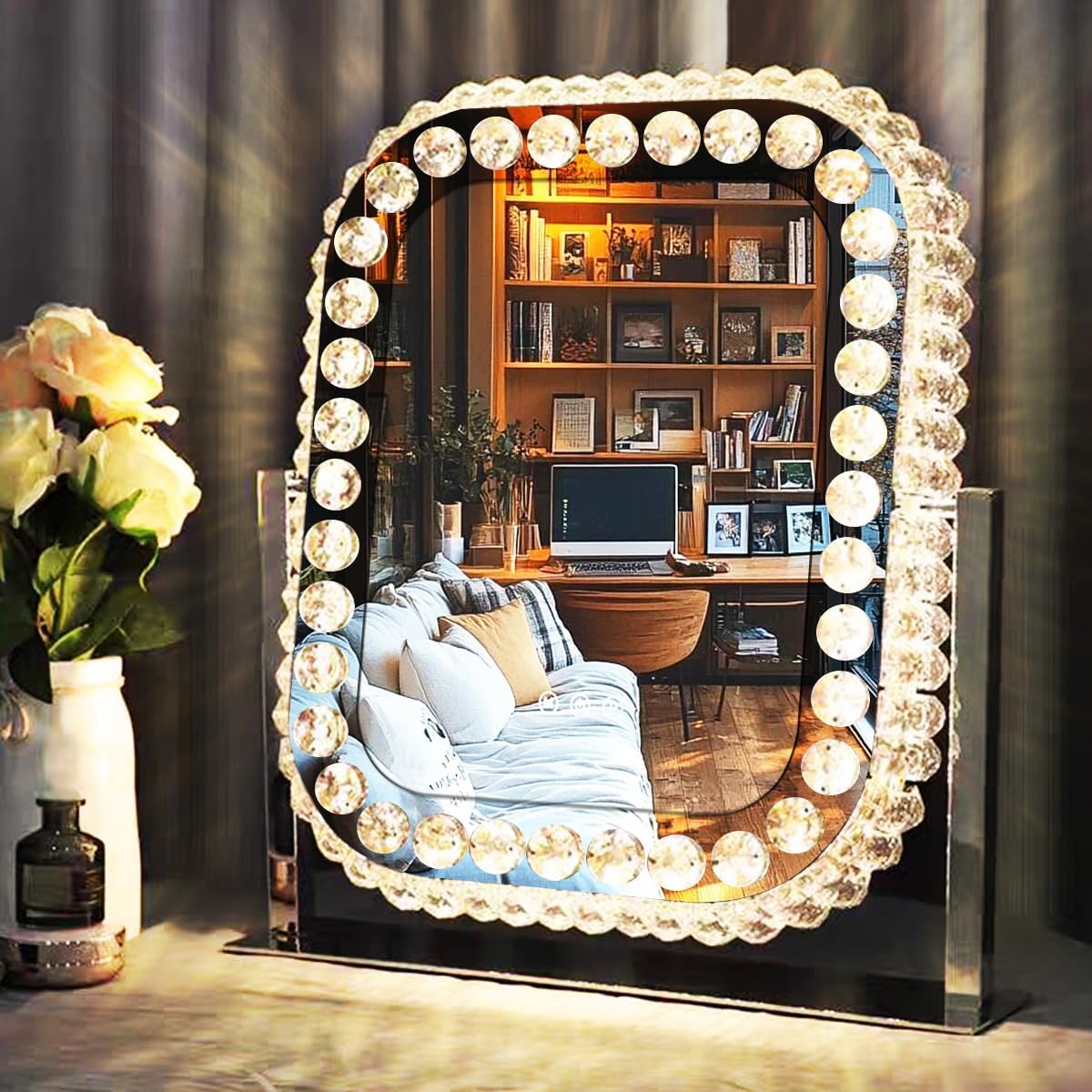 Hollywood Crystal Vanity Mirror with Lights 3 Color Changing Dimmable 360° Rotation Diamond Rectangle Large Crystal Lighted Makeup Mirror for Tabletop Desk Makeup Vanity Mirror with Lights