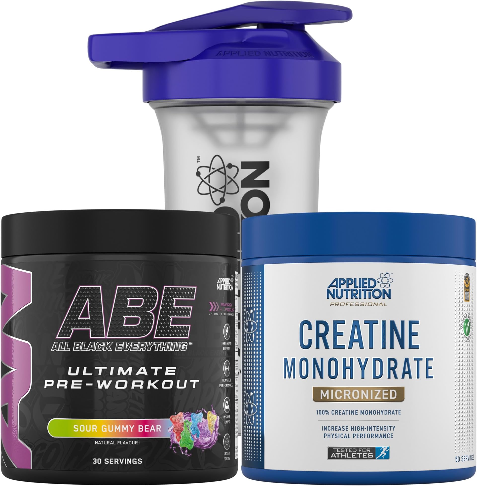 Applied Nutrition Bundle ABE Pre Workout 375g + Creatine 250g + 700ml Protein Shaker | All Black Everything Pre Workout Powder, Energy & Performance with Creatine, Beta Alanine (Sour Gummy Bear)