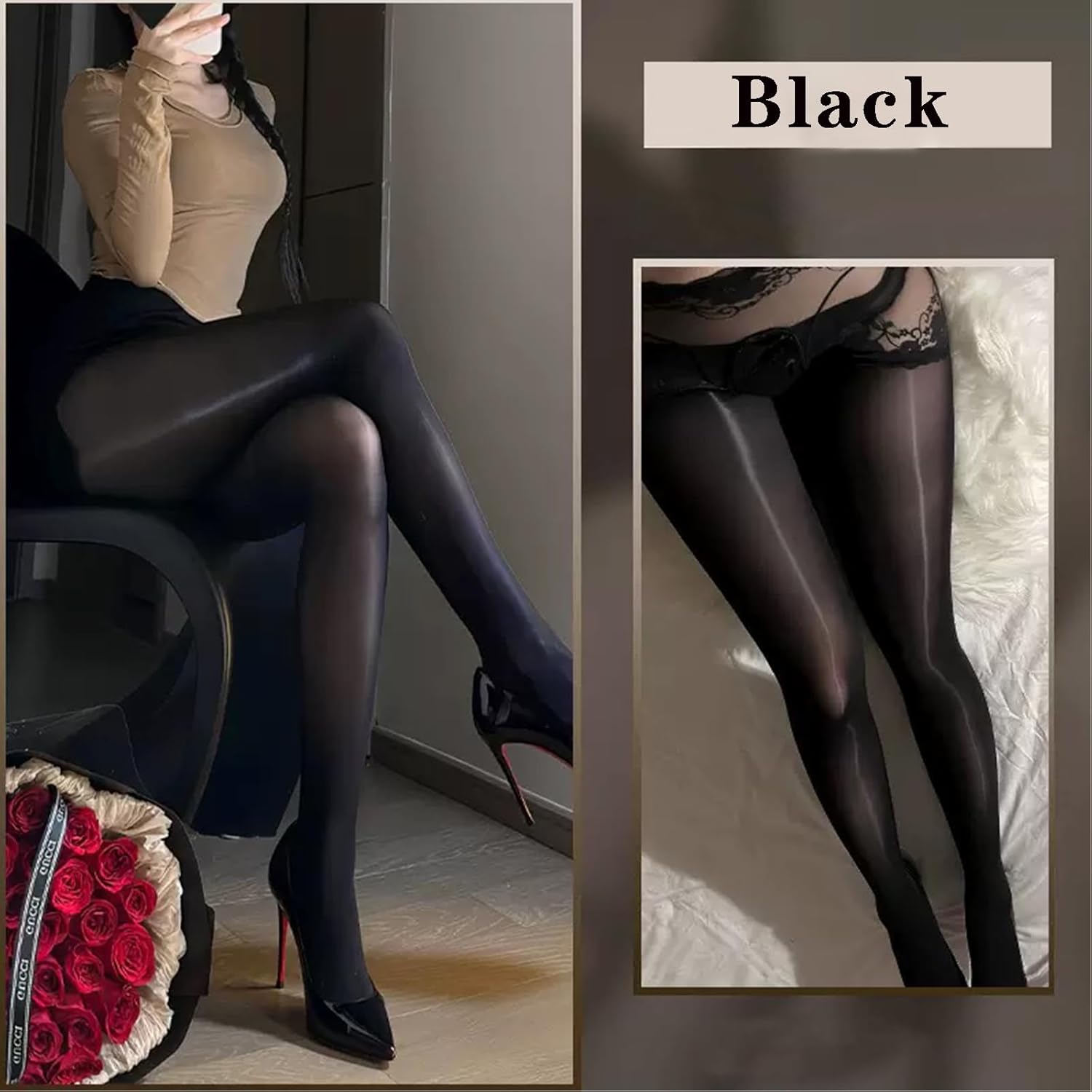 Women's Oil Shiny Pantyhose Lace Crotch High Waist Stockings Tights Oil Shimmer Tights Ultra Silky 8 Denier - Image 7