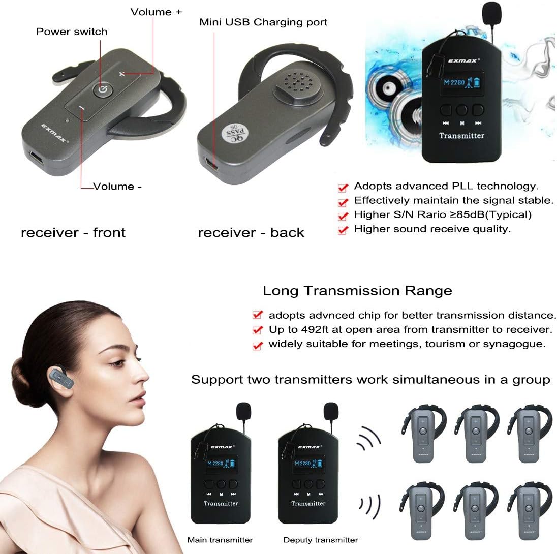 EXMAX EXD-6688 2.4Ghz Wireless Audio Tour Guide/Monitoring System Support Two Transmitter Working Simultaneously for Teaching Meeting Training(1 Transmitter & 12 Receivers with Silver Storage Case)