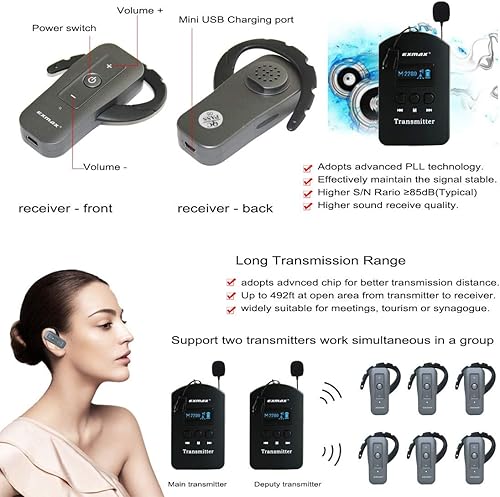 Miniatura 6 de EXMAX EXD-6688 Sistema de guía turístico de audio inalámbrico de 2.4 GHz, equipo de traducción de iglesia con 9999 canales para presentaciones,
