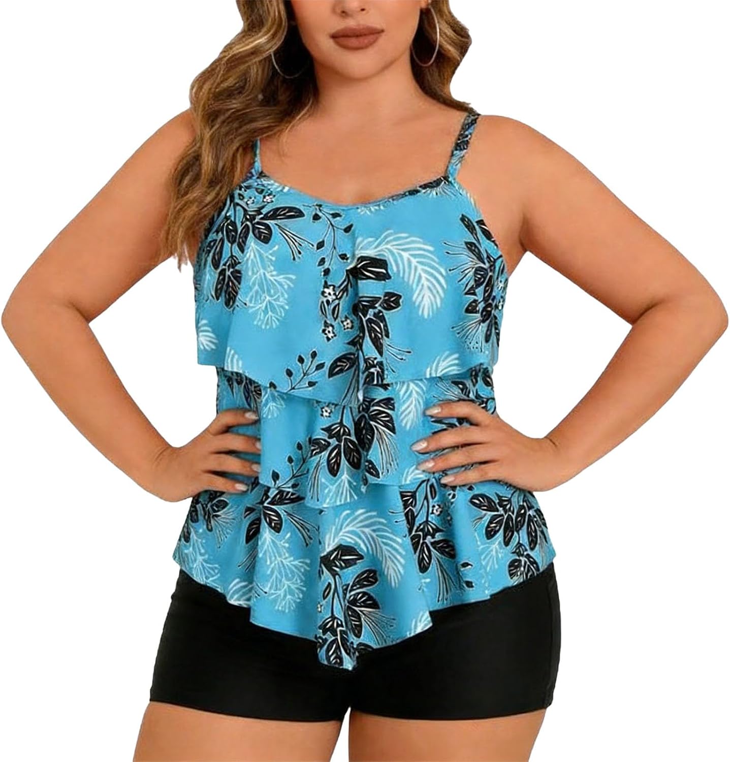 Plus Size Tankini Swimsuit for Women Boho Ruffle Flowy High Waist Swimwear Two Piece Bathing Suit with Shorts