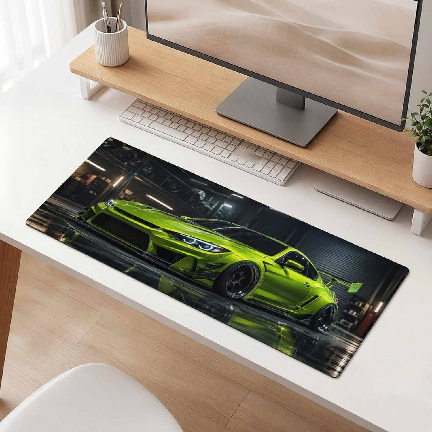 Modern Green Sports Car Garage Large Mouse Pad with Rounded Corners 31.5"x12", Non Slip Desk Mat for Computer Accessories Office Gaming Home