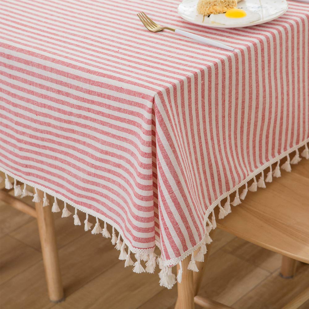 Plenmor Table Cloth Rectangle Stripe Tassels Tablecloth Rectangular Dust-Proof Cotton Table Cover for Kitchen Dinning Tabletop Decoration (140cm x 180cm, Red)