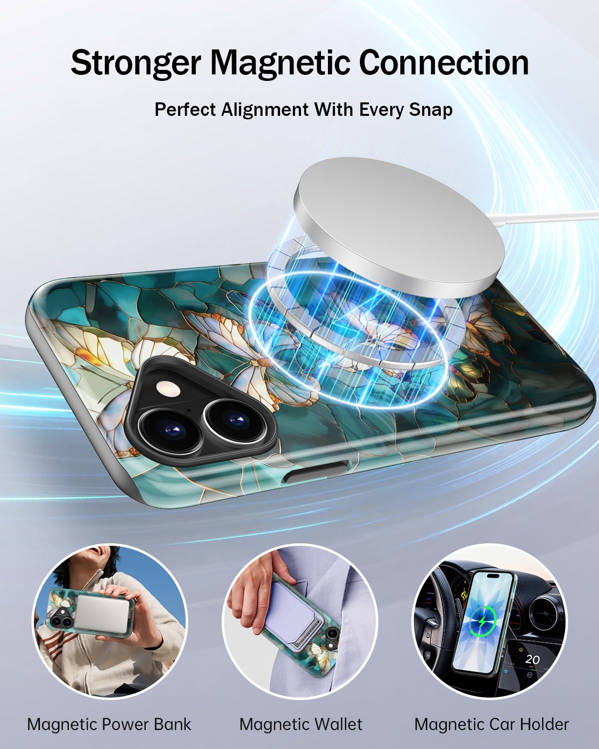 MERRO for iPhone 17 Case,Cute Aesthetic Y2K Phone Cover with Wildflower Designs for Women,Dual-Layer Silicone & Hard Shell Defense,Wireless Charging Compatible - Azure Mosaic Butterfly - 4