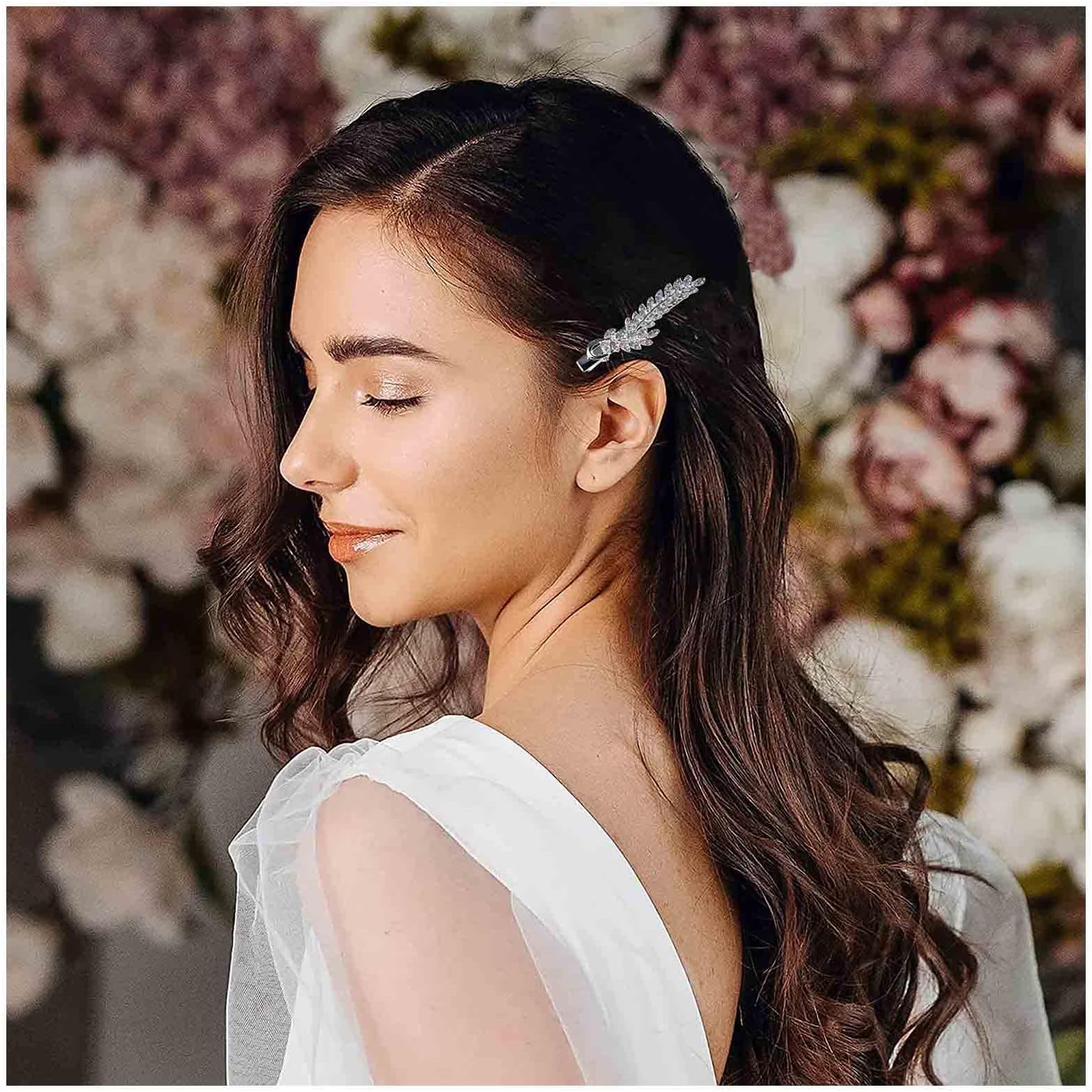 Boho Crystal Leaf Hairclips Pin Olive Leaf Side Clip Barrette Rhinestone Branch Hairpin Clips Silver Cz Bridal Hair Pins Decorative Hair Accessories for Women and Girls Headdress (Silver)