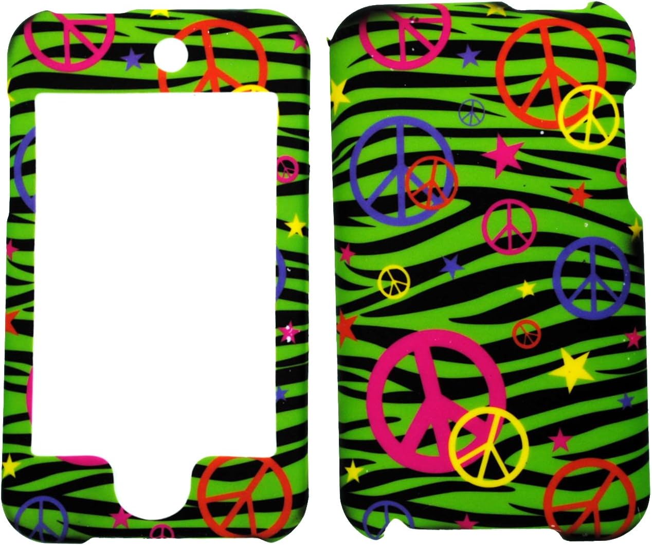 Colorful Peace Sign on Green Zebra Rubberized Protective Cover Case for Apple Ipod Touch Itouch 2nd Gen 3rd Gen