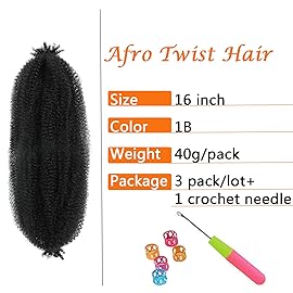 Springy Afro Twist Hair 16 Inch 3 Packs Black Color Pre Fluffed Marley Twist Braiding Hair (16inch, 1B)