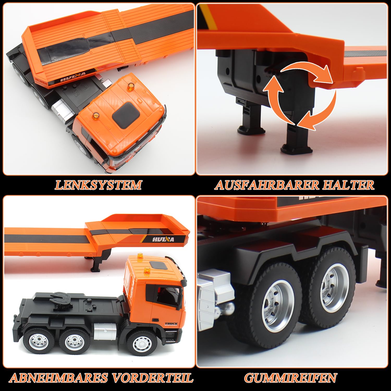 fisca RC Semi Camion et pelleteuse, 2,4 GHz, télécommandé, camion à plateforme et pelleteuse, 1:24, avec son et lumières, convient aux véhicules de construction pour garçons (orange)