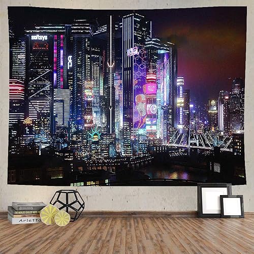 Ine Ive Tapiz con vista nocturna de ciudad, escena de juego punk, edificio neón, vista al río, para colgar en la pared, de franela urbana bulliciosa