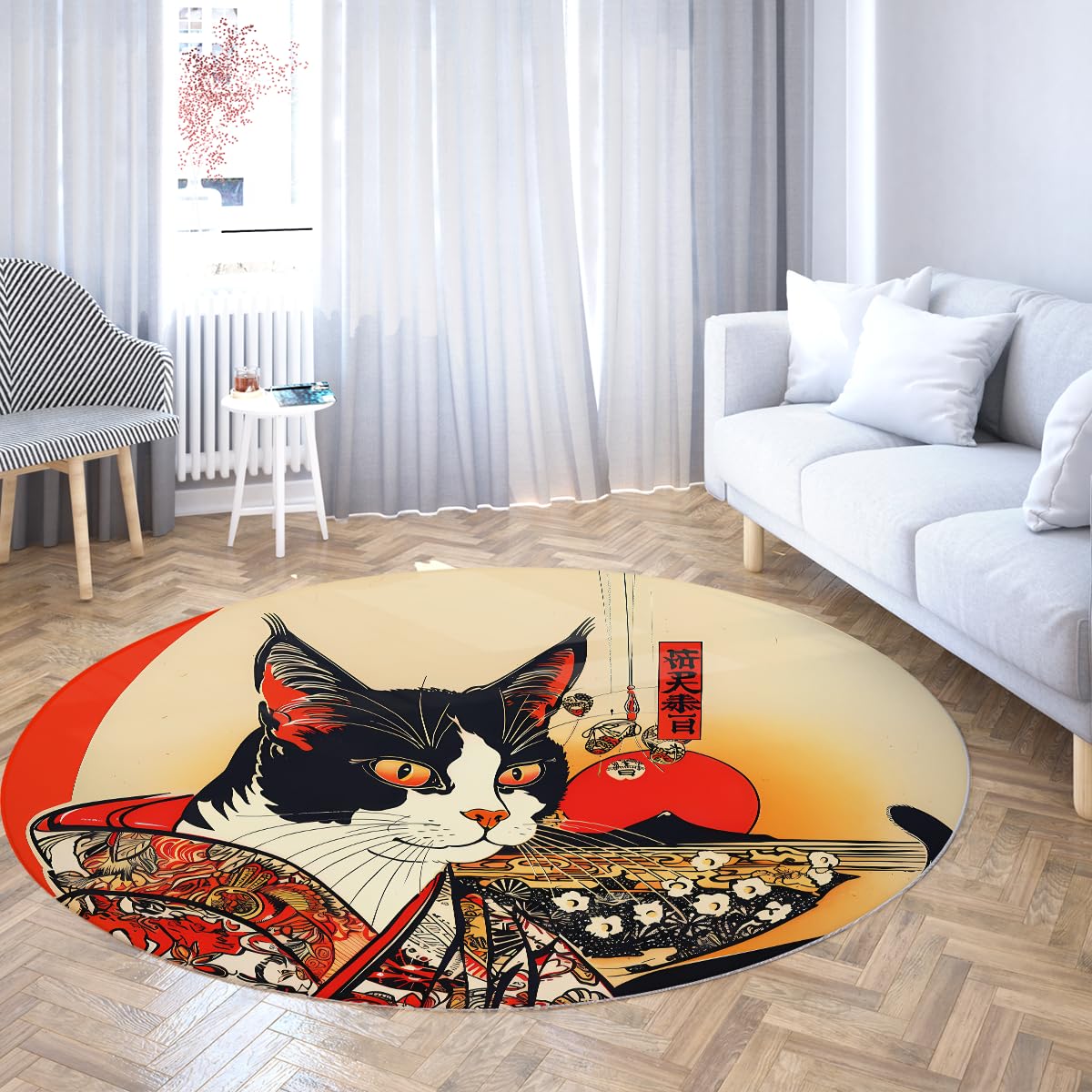 Okrągłe dywaniki ukiyo-e 90 cm okrągły dywan antypoślizgowy zmywalny japoński kimono wzór czerwony kot góra fuji duży okrąg do gabinetu balkon jadalnia