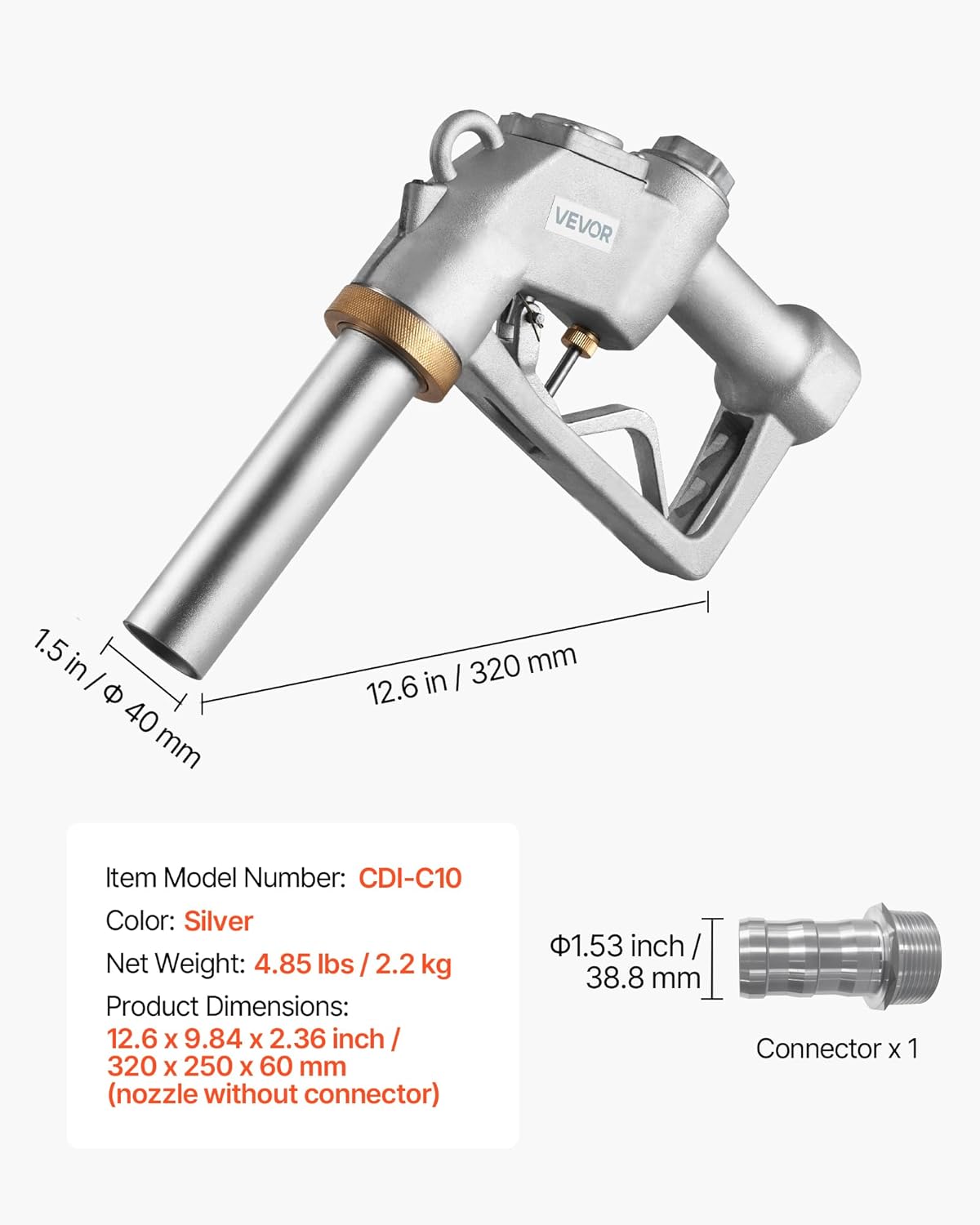 VEVOR 1.5 Inch Barb Automatic Fuel Nozzle with Swivel, Max Flow Rate 37 GPM, Auto Shut Off Diesel Gas Pump Nozzle with 3-Speed Trigger Lock & 1.5 Inch (OD=40 mm) Spout for Gasoline, Diesel, Kerosene