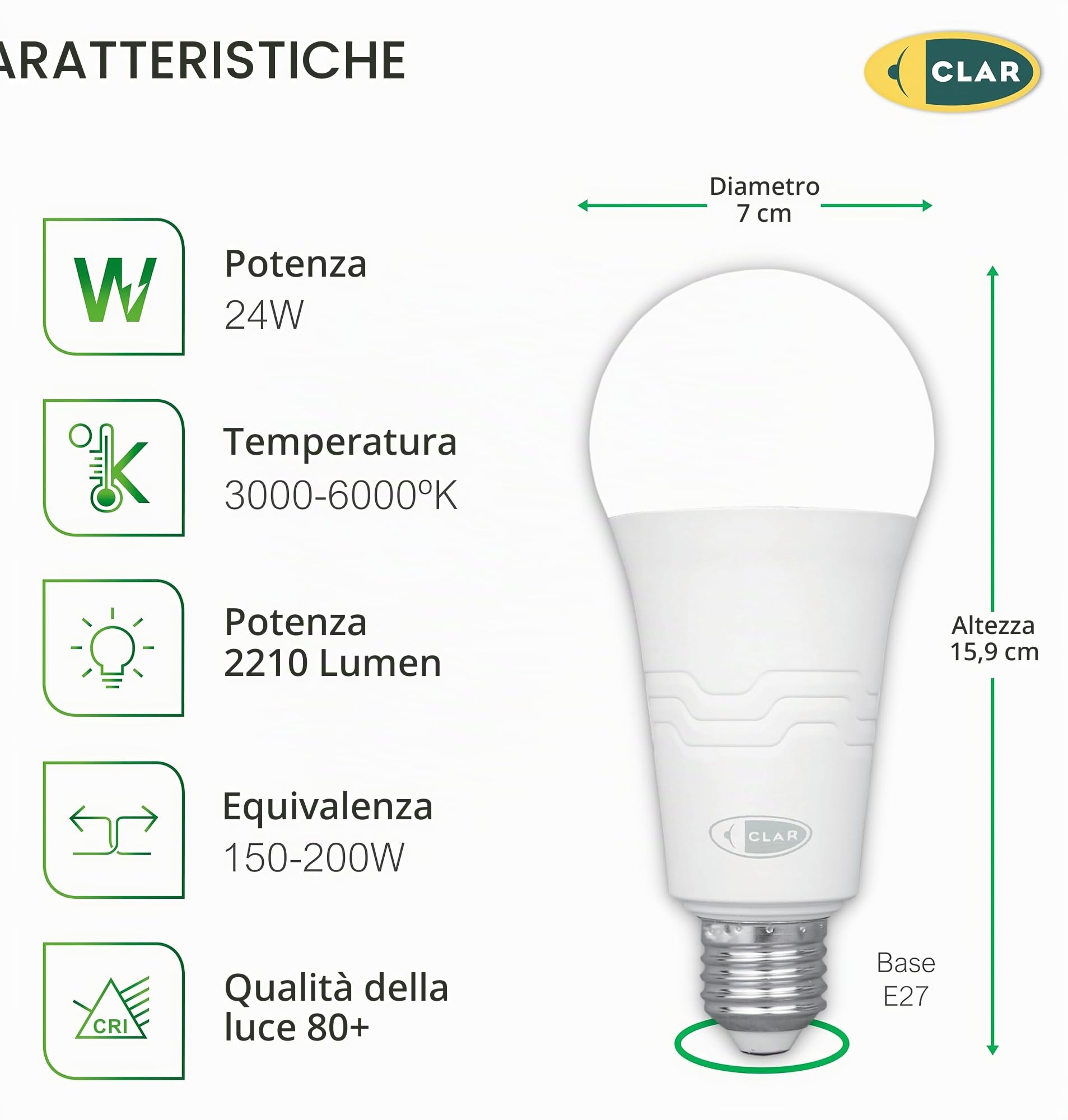 CLAR - Lampadina LED E27 200W/150W, Lampade LED Piu Luminose, Lampadina LED 200W, Lampadine LED E27 Luce Naturale 150W, Lampadina 150W, 24W 4000ºK (Pack 20)