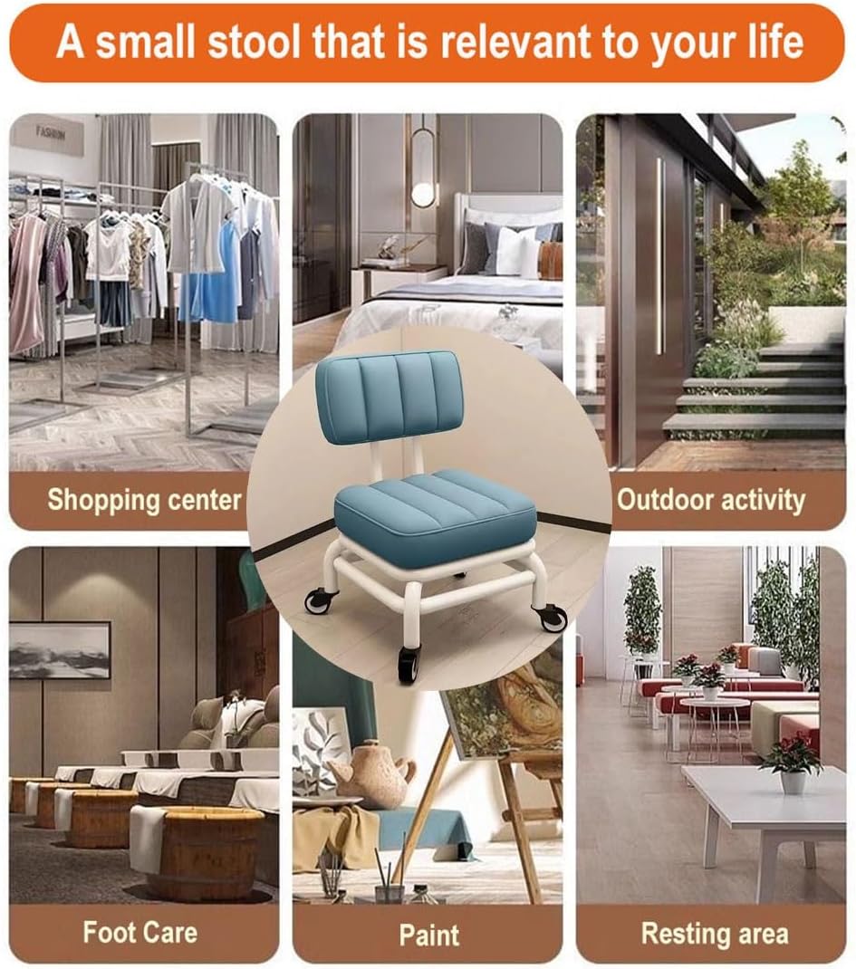 Ergonomic Low Rolling Stool With Back Support Soft Pu Leather Seat Metal Frame 360° Swivel Short Stool For Home Garden Office Garage Shop Comfortable And Durable Roller Chair With ,Coffee One Size