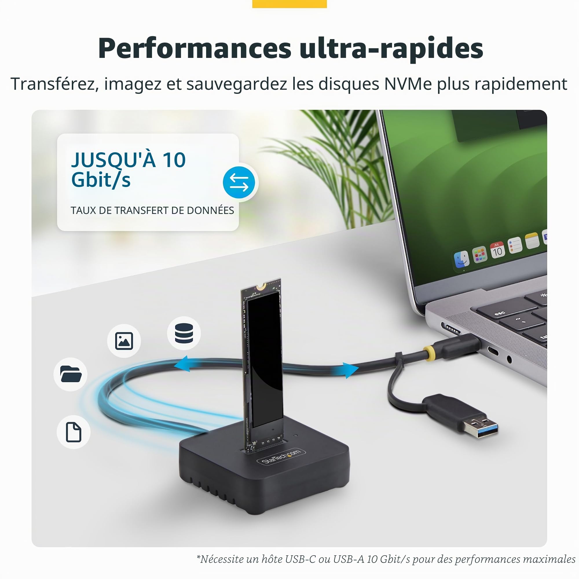 StarTech Dock USB-C/A vers SSD M.2 NVMe, 10Gbps, sans Outil | Station d'accueil, Lecteur SSD externe, B+M/M-Key, Win, macOS, Linux, PCR 70%