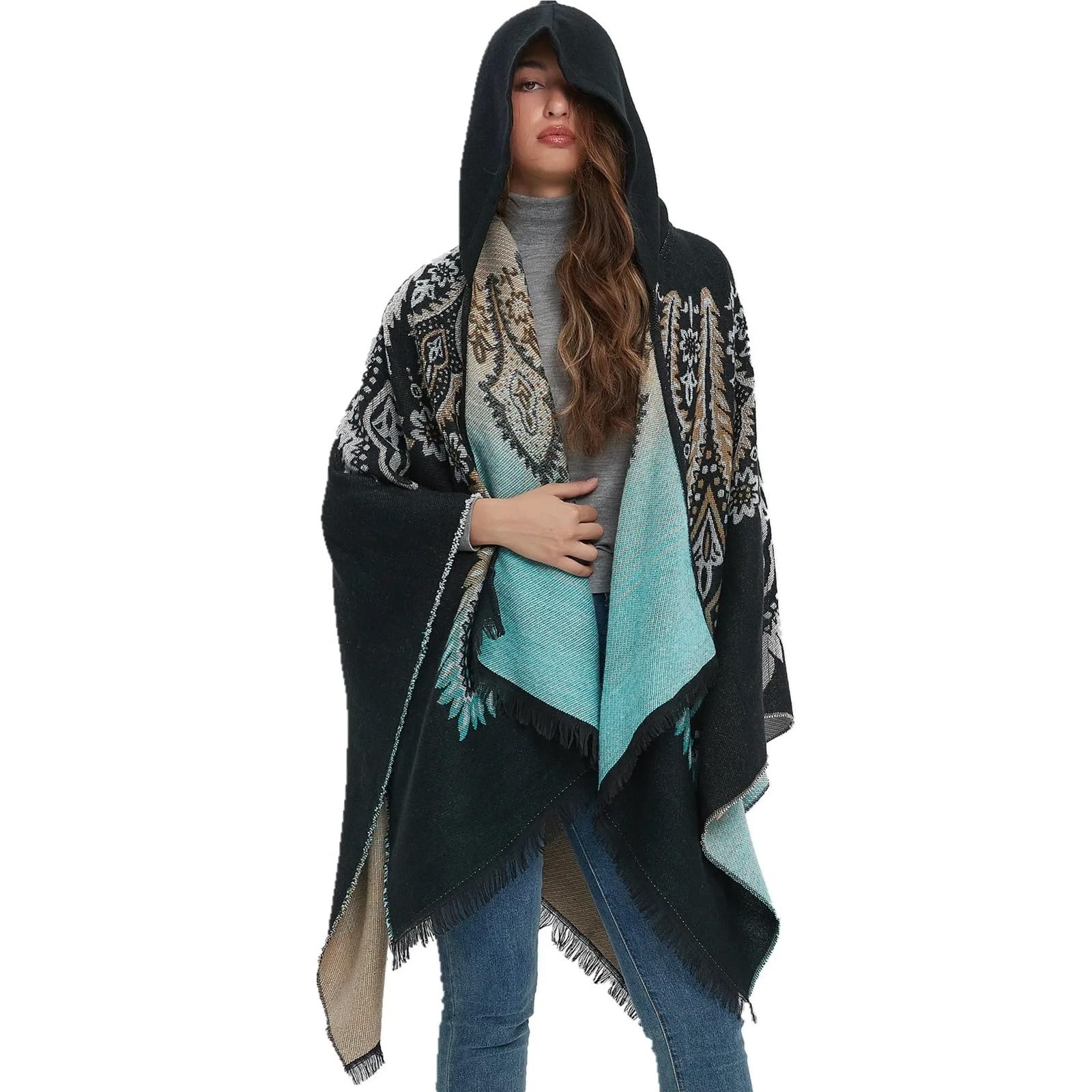 Scialle Donna Poncho Invernale da Viaggio, Caldo, con Cappuccio, Stile Etnico, con Scialle in Cashmere Imitazione Vento