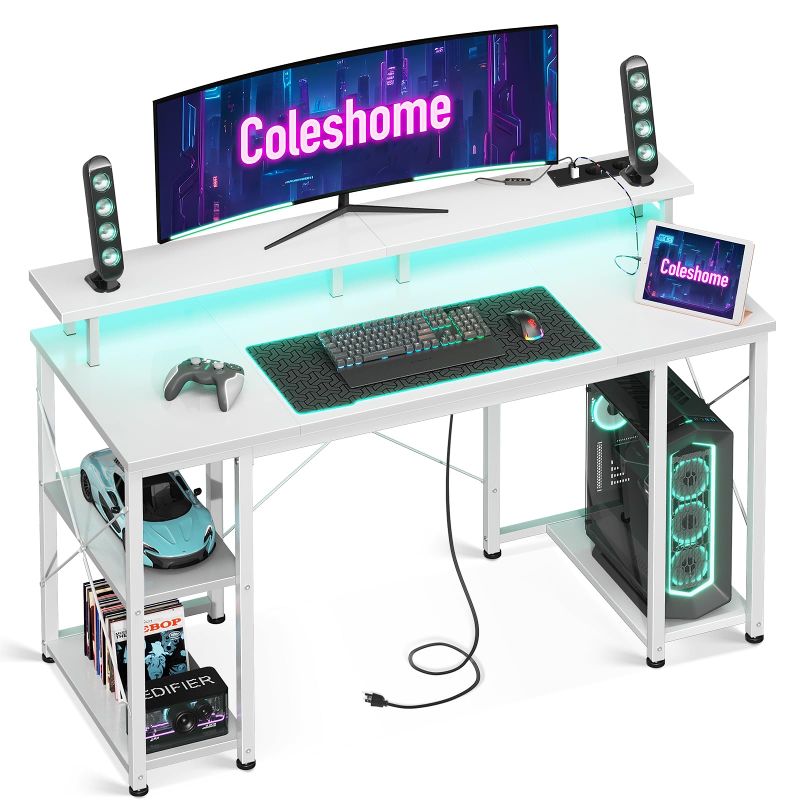 Coleshome Biurko Gamingowe z oświetleniem LED, 120x50cm Biurko Komputerowe z 2 Gniazdkami Elektrycznymi & 2 Portami USB, Biurko z Podstawką pod Monitor, Małe Biurko do Domowego Biura, Biały