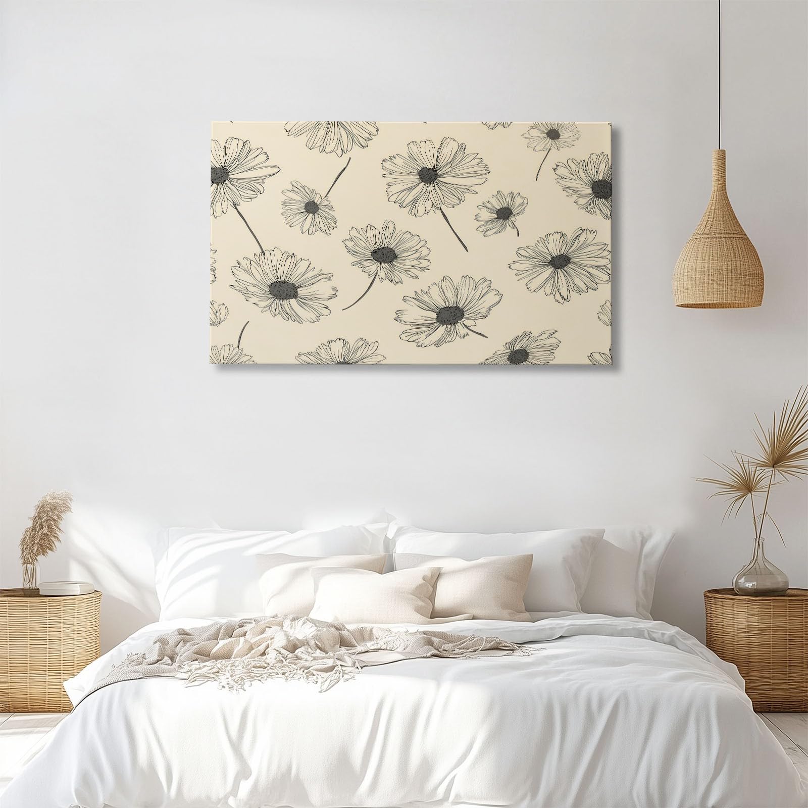 Generisch Land Pflanzen Blumen Streifen Modernes Leinwandbild 140L x 70B cm mit Rahmen, Vintage XXL Wanddeko für Wohnzimmer Geschenk Idee Einzug - Hochwertiger Kunstdruck auf Holzrahmen