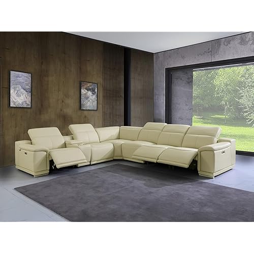BlackJack Furniture Venice 7 Piece Top Grain Italian Leather Sectional Sofa with 3-Power Recliners, Adjustable Headrest, Lumbar Support, USB & Wireless Charger, Large Storage, 1 Console, Beige