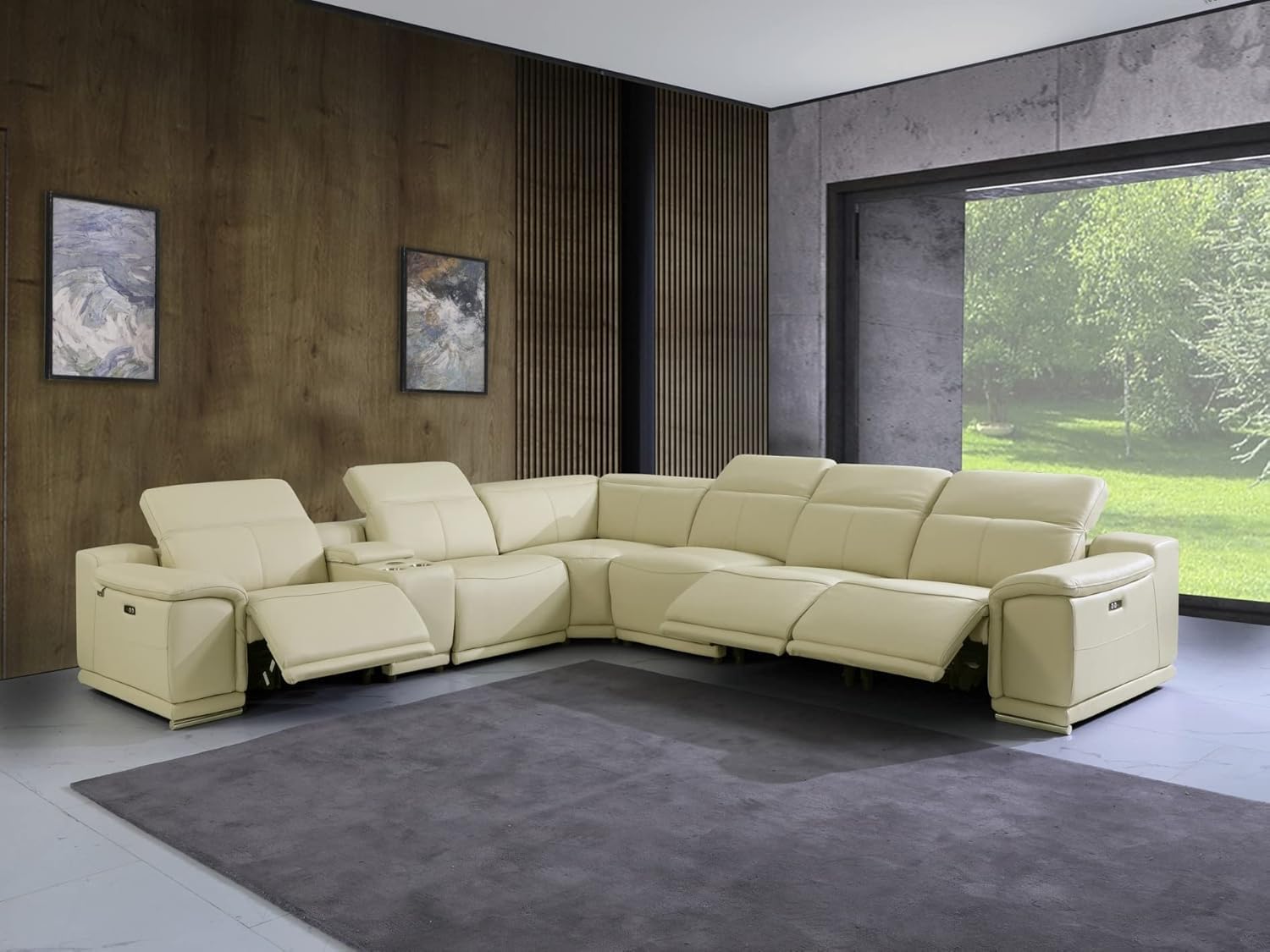 BlackJack Furniture Venice 7 Piece Top Grain Italian Leather Sectional Sofa with 3-Power Recliners, Adjustable Headrest, Lumbar Support, USB &amp; Wireless Charger, Large Storage, 1 Console, Beige