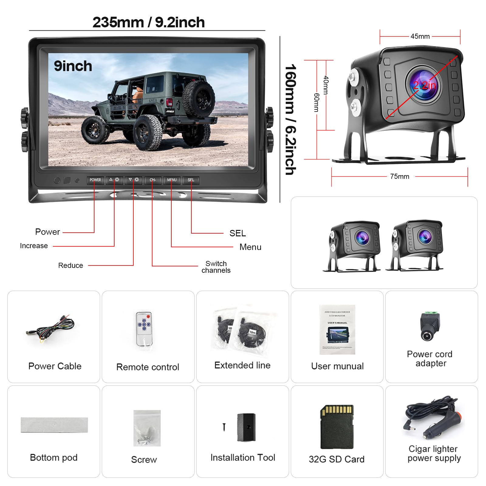 CAMECHO 9 pollici AHD 1080P DVR Kit Telecamera posteriore di Retromarcia Auto con 2*IP69 Impermeabile Telecamera Posteriore Visione notturna+2 * 10m Cavo per Camion/Autobus/RV