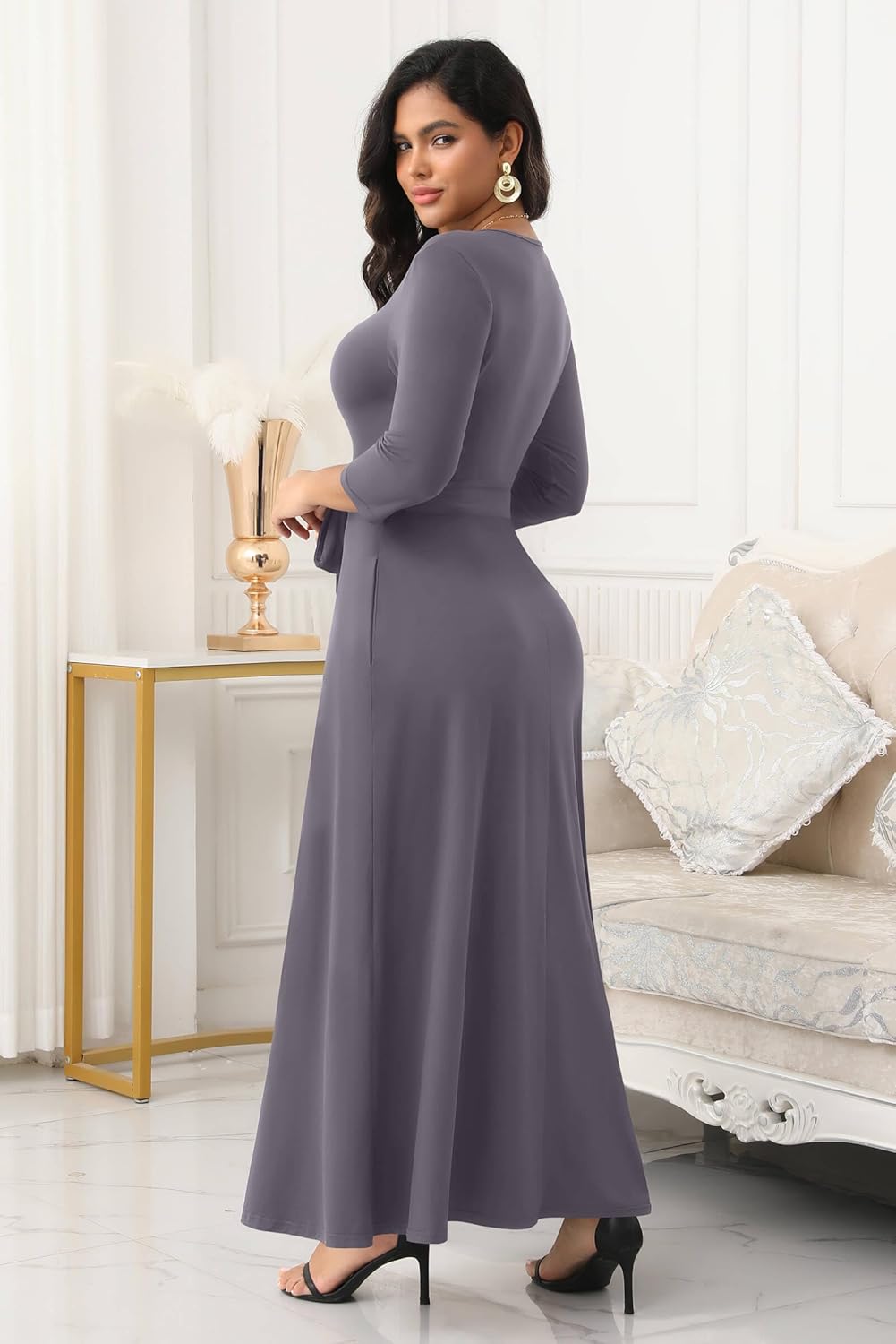 FANDEE Maxi Dress for Women 2026, Long Casual Empire Waist Dresses 3/4 Sleeve Round Neck with Belt - Image 5