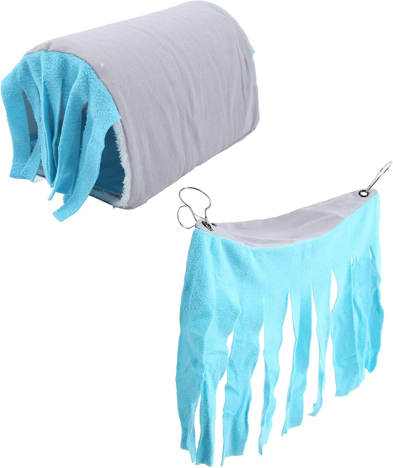 Tunnel House with Hammock and Tassel Curtains, Removable Small Animal Hideout Playing Tube, Guinea Hamster Hideaway, Comfy Flannel Material, to Assemble (Blue Tassel)