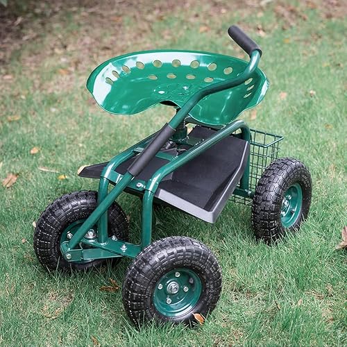 Miniatura 7 de Kinfant Asiento de trabajo con ruedas para jardín carrito de taburete de jardín al aire libre asiento giratorio de 360 grados color verde