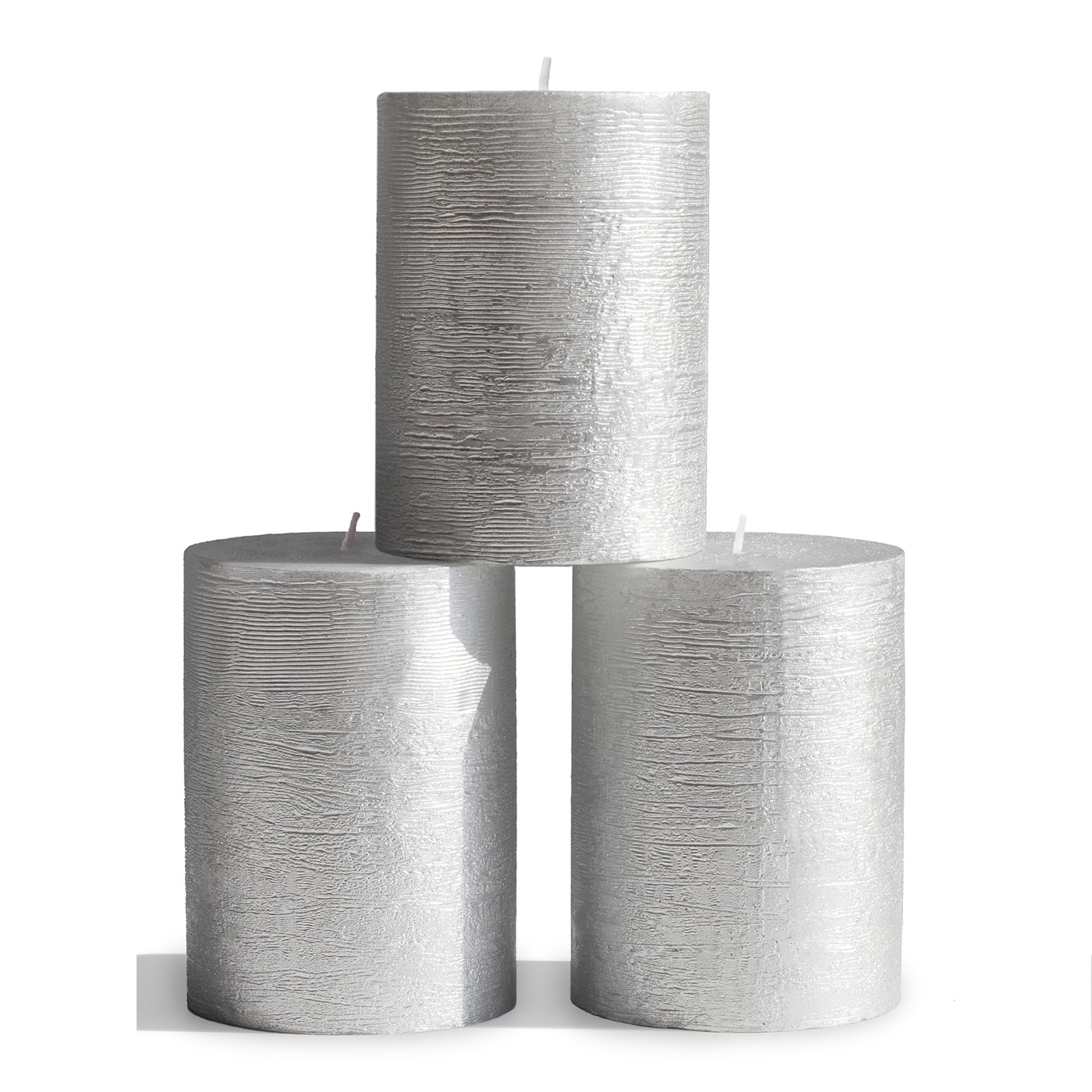 CANDWAX 3x4 inch Pillar Candles Set of 3 – Unscented Dripless Silver Candles for Event Decor, Weddings, Home Use