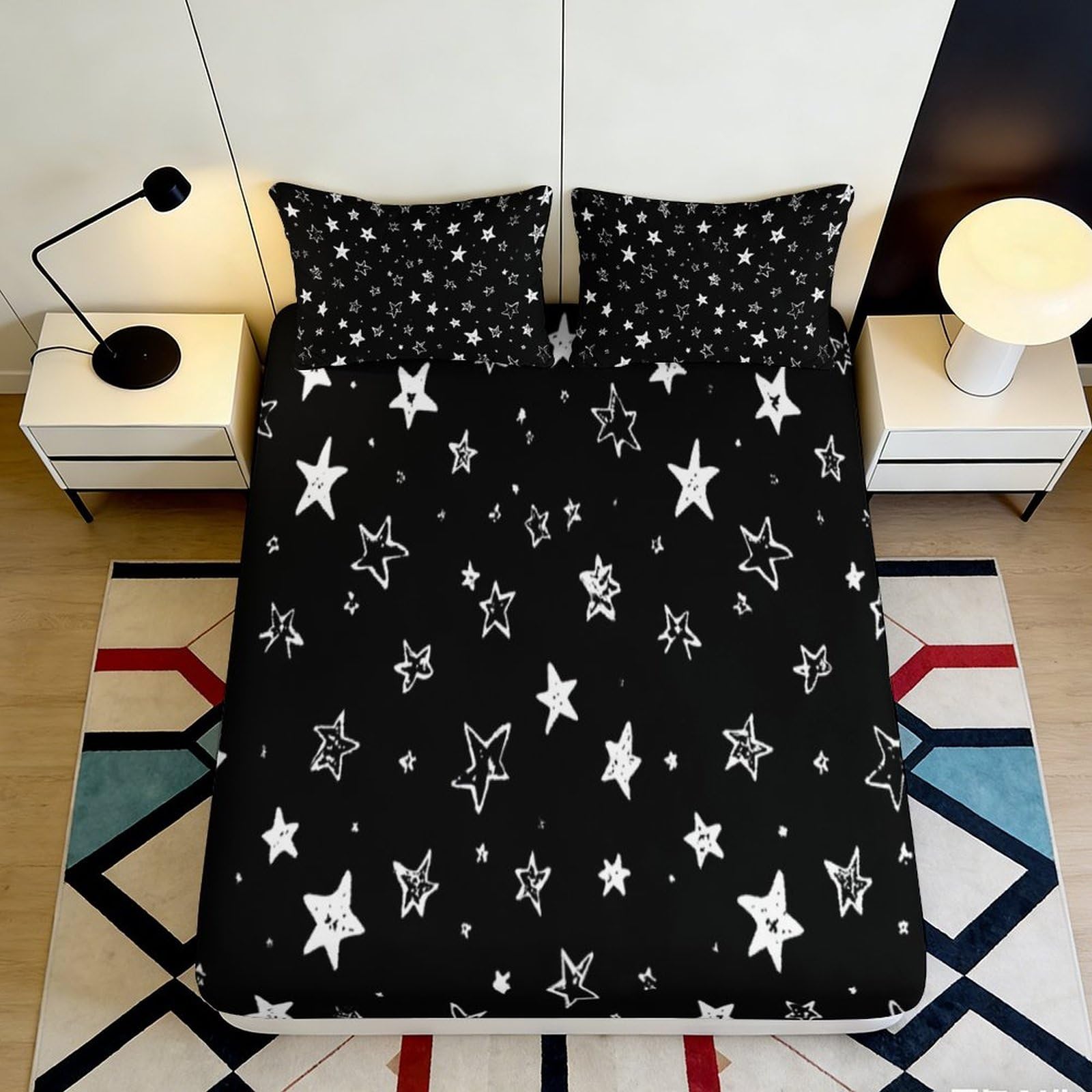 3D Printed Stars Fitted Sheet Microfiber Deep Pocket for Adults Teens Bedroom Bedding Starry Mattress Fitted Cover Non-Slip Washable 140x200x25cm