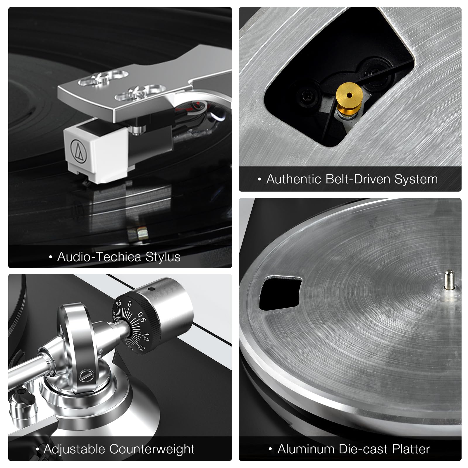 Giradischi Vinili Trasmissione a Cinghia con Connettività di Uscita Wireless, Lettore con Contrappeso Regolabile e Cartuccia Magnetica e 2 Velocità 33/45 RPM, Conversione USB, Linea Fono