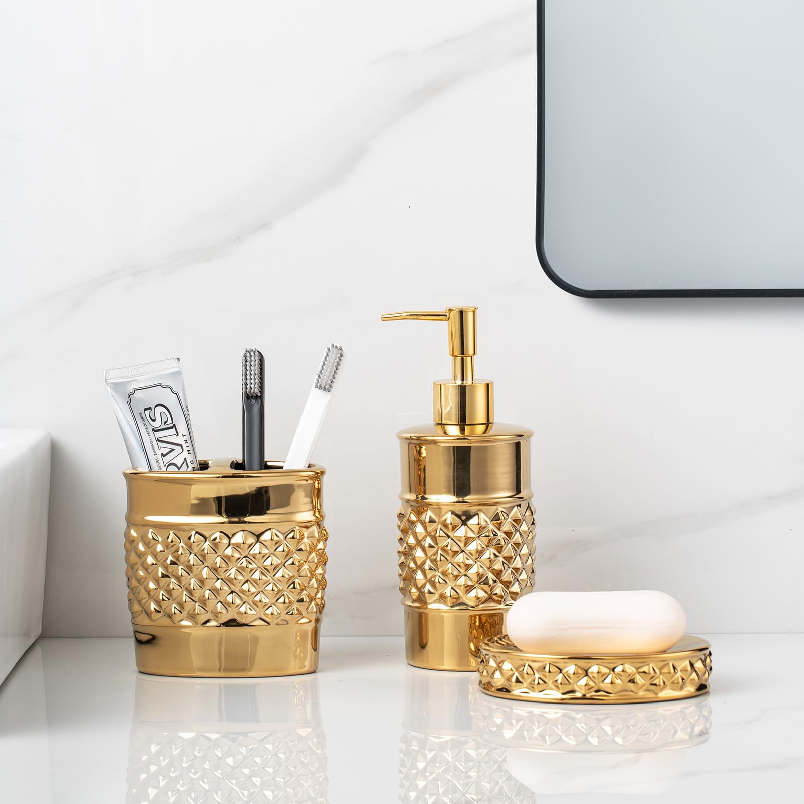 Bathroom Accessory Set, 3-Piece Ceramic Bath Accessories Set with Tray, Lotion Dispenser, and Tumbler