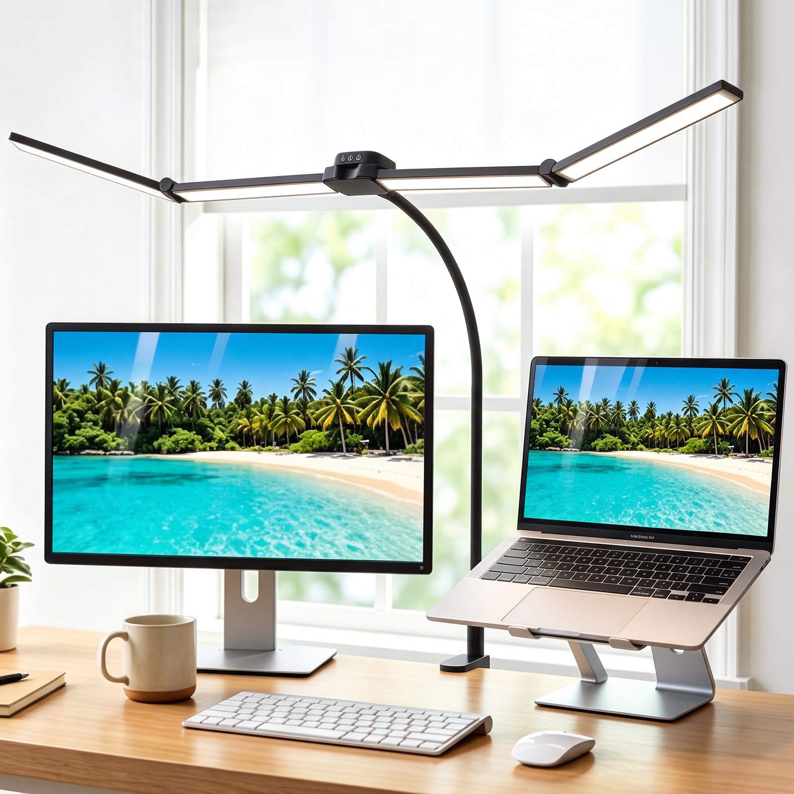 100cm Lampada da Scrivania a LED 4 Testine Regolabile 360° Nera | 1800LM Luce Scrivania con Morsetto, 4 Modalità Colore 3 Livelli Luminosità, 15W Luce per Monitor, Ufficio, Studio, Lettura