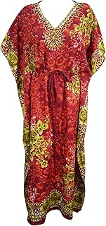 Indiatrendzs Women's Kimono Caftan Dress Red Printed Bikini Cover Up Nightgown One Size