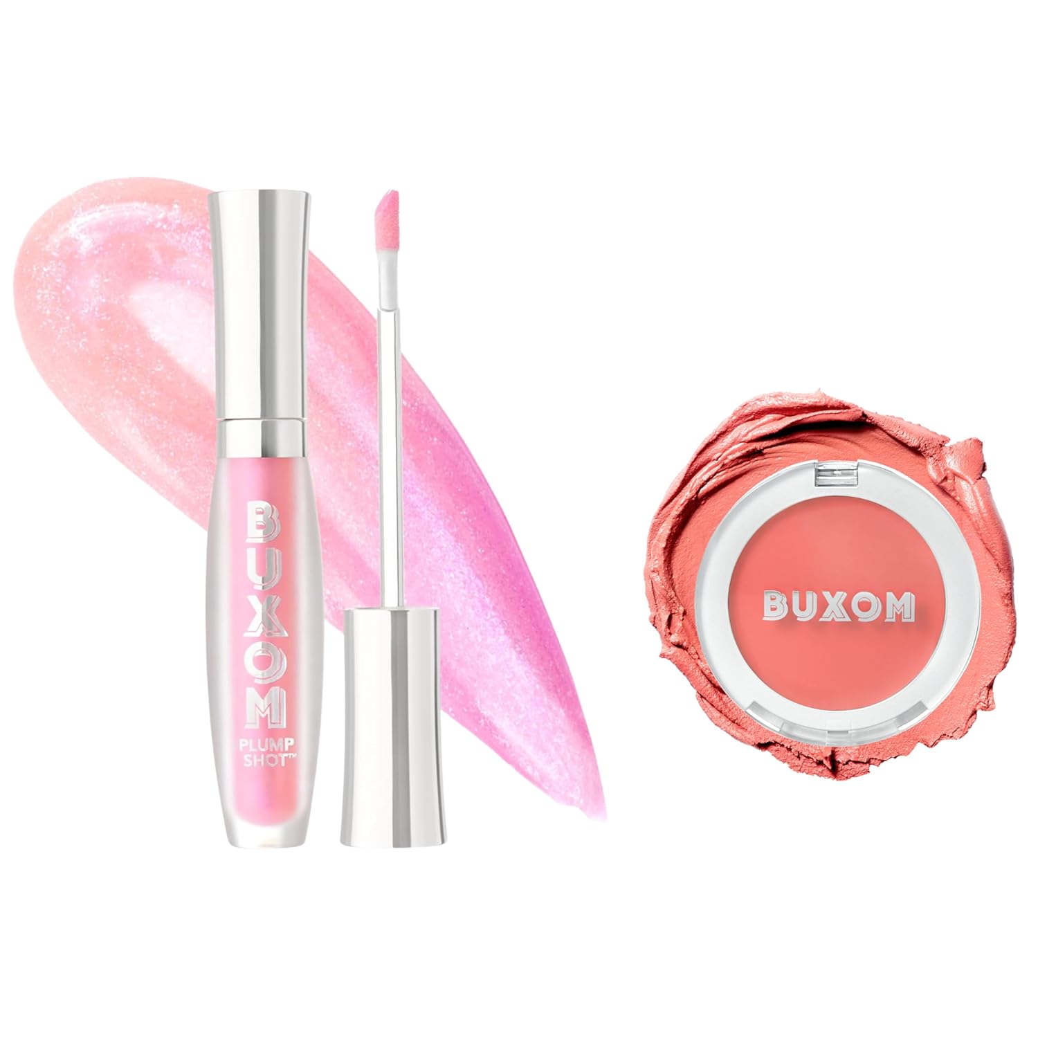 Buxom Plump Shot Collagen-Infused Lip Serum in Spellbound Pink Multichrome + Plump Shot Collagen Peptides Plumping Cream Blush, Cream-to-Powder Blush in shade Coral Sheer