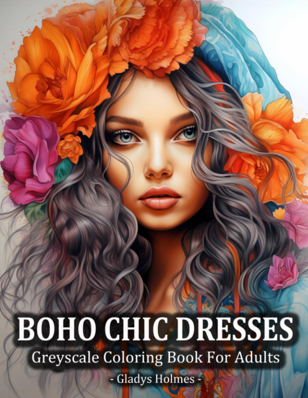 Boho Chic Dresses: Bohemian Chic Hippie Girls Grayscale Fashion Coloring Book For Adults and Teens