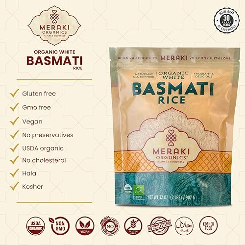 Miniatura 8 de Meraki Bolsa de arroz basmati blanco orgánico de 2 libras  Aroma agradable, delgada, extra larga textura esponjosa separada  Auténtico arroz de