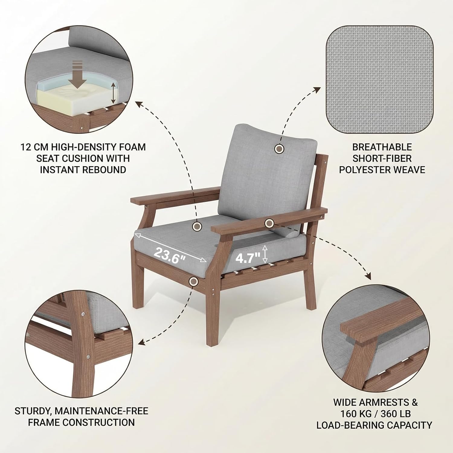 HDPE Patio Conversation Set, 6-Piece All Weather Outdoor Furniture Set with 2 Single Rocking Armchairs for Deck, Lawn, with Cushion, Brown