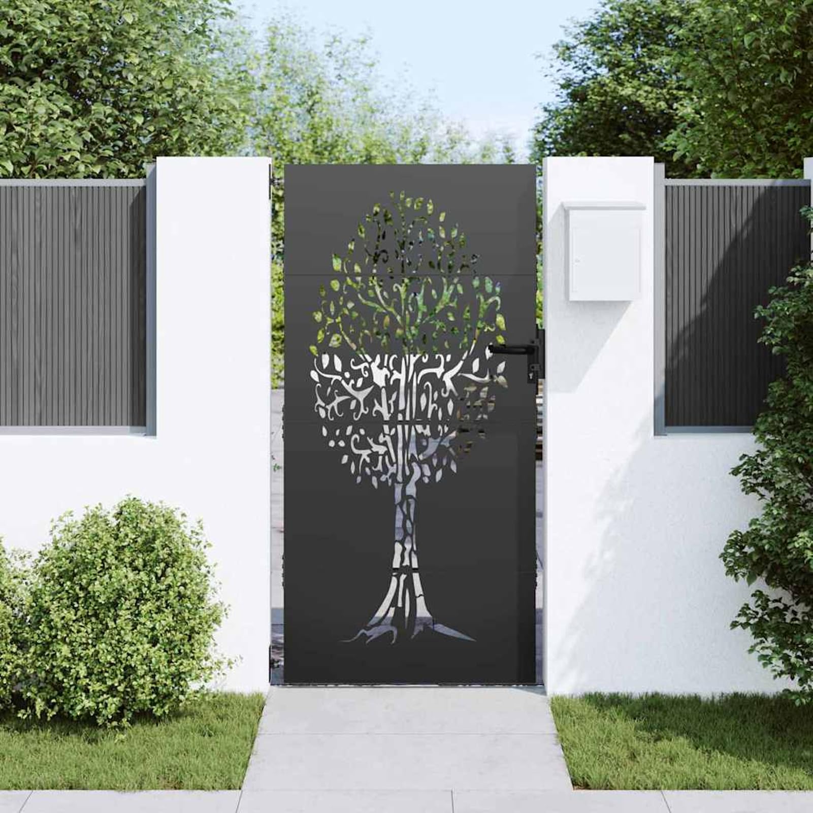 Cancello da giardino nero, 85 x 200 cm, in acciaio verniciato a polvere, con motivo tagliato al laser, resistente alle intemperie e alla ruggine, per giardino e terrazza