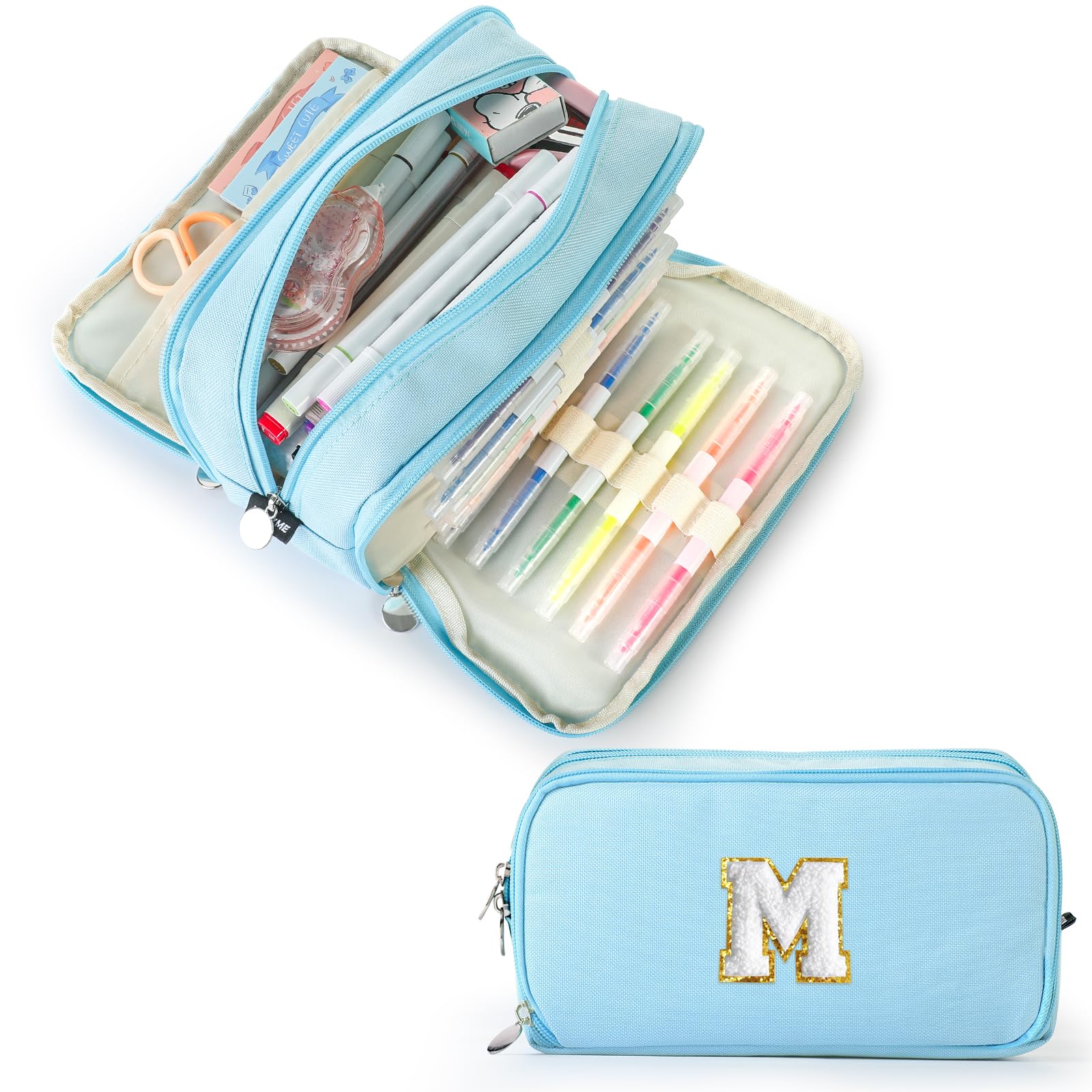 Extra Large Capacity Pencil Case 3 Compartment Initial Pencil Pouch Personalized Cute Aesthetic Stationery Pen Case Bag for School Teen Girl Boy Men Women Gift (M, Blue)