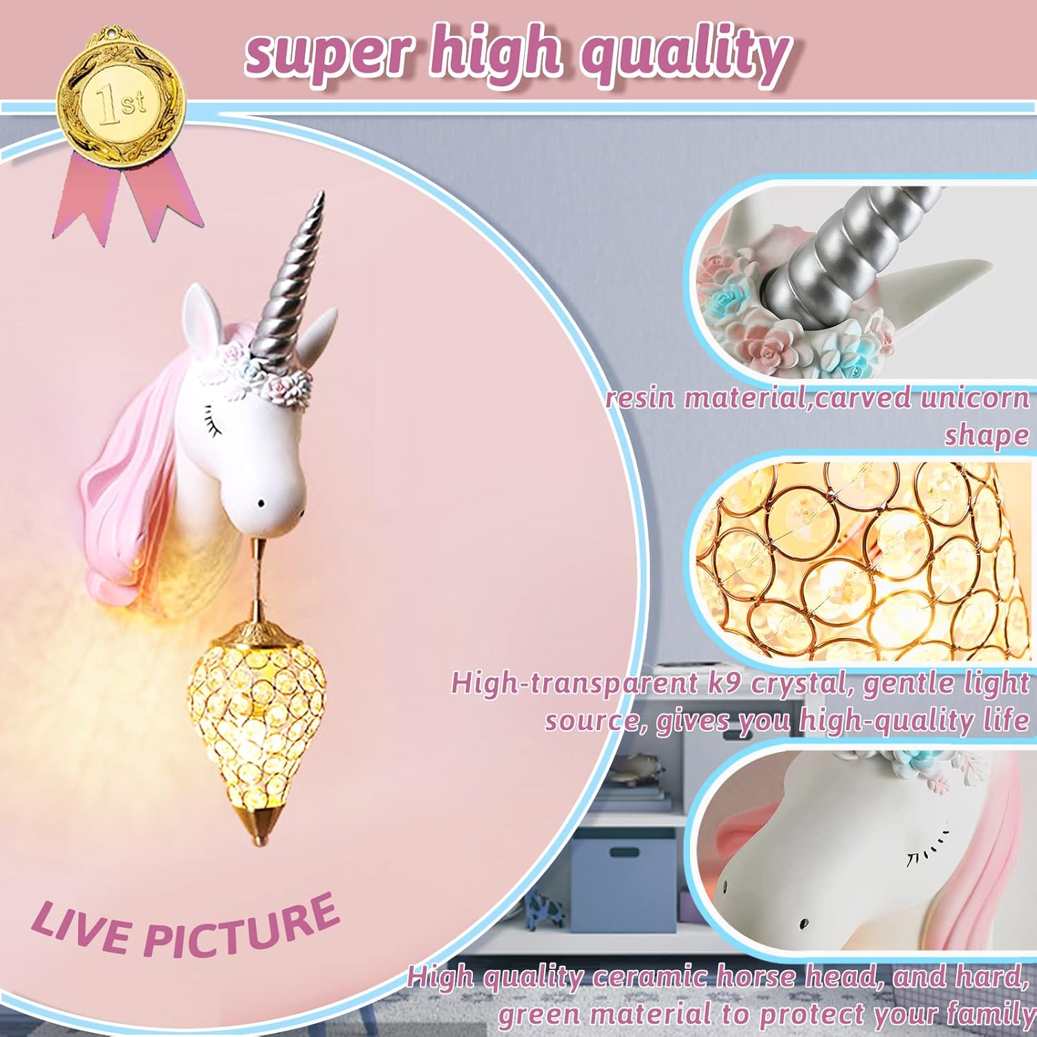 PURESILKS Pink Unicorn Wall Lamp, Wall Sconce for Room Decor, Unicorn Crystal Hollow-Out Ball Wall Decor Lamp, Girls Bedroom Wall Light, LED Night Light for Children Kindergarten Bedroom Decoration