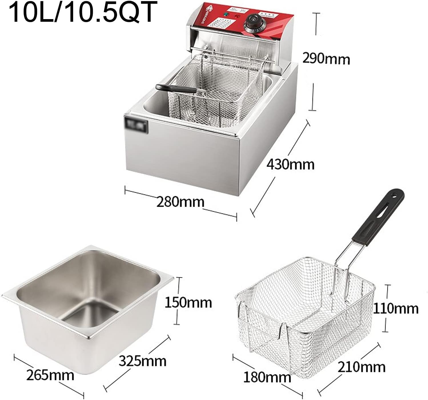 Electric Fryer With Basket & Lid, Countertop Kitchen Fryers, Stainless Steel Fryer For Turkey, Fries, Donuts And More, 2.5Kw 110V,10L